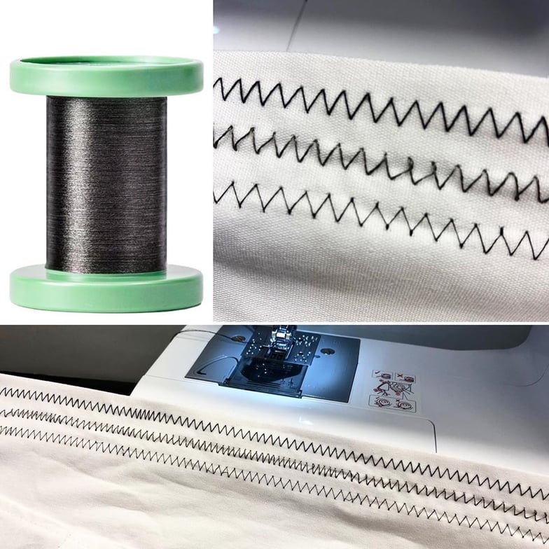 A composite image showing a spool of CNT yarn and images of cotton thread (top) steel yarn (middle) and CNT yarn (bottom) sewn into fabric with a commercial sewing machine.