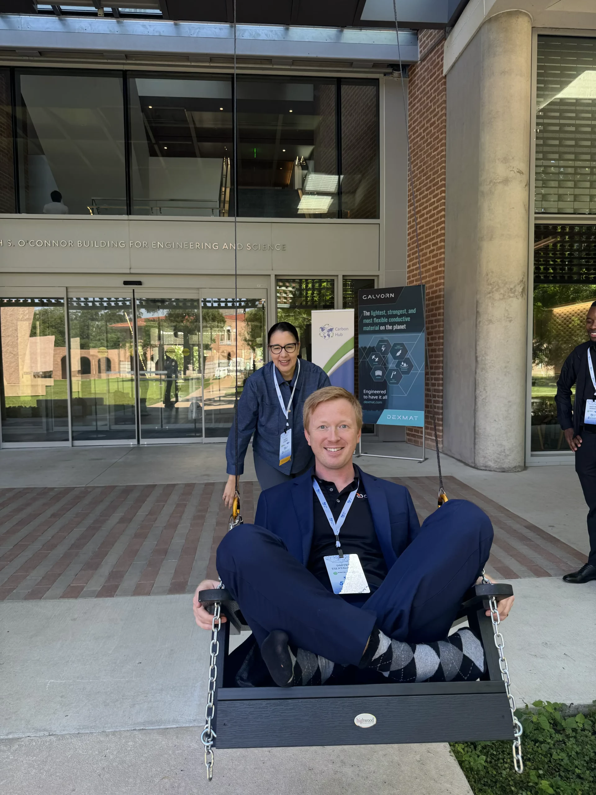 Galvorn-rope-swing-Dmitri DexMat Co-Founder & CTO, Dmitri Tsentalovich, PhD, takes a swing at steel.